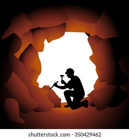 illustration of silhouette worker doing job in the cave