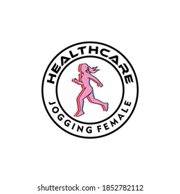 Illustration silhouette young girl running sport logo design vector stamp or sticker