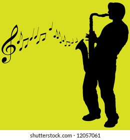 Illustration of a silhouetted saxophone player on green background.