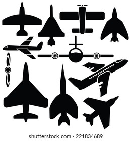  illustration with silhouettes airplane icons  on  a white background