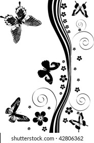 Illustration with silhouettes of butterflies, flowers and curls