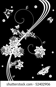 Illustration with silhouettes of butterflies, flowers and curls