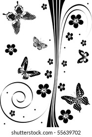 Illustration with silhouettes of butterflies, flowers and curls