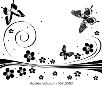 Illustration with silhouettes of butterflies, flowers and curls