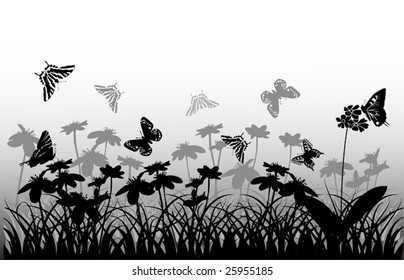 Illustration with silhouettes of butterflies, flowers and grass