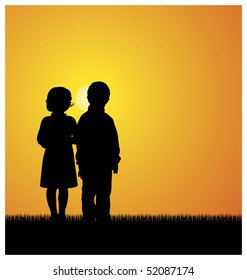 Illustration with silhouettes of children. Boy and girl standing on the grass. Above them shines the bright sun.