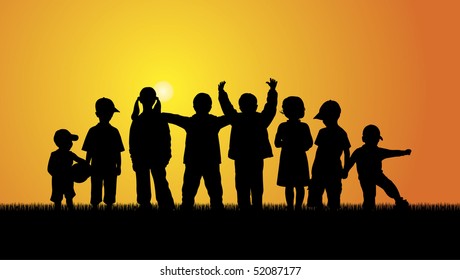 Illustration with silhouettes of children. Eight children have been on the grass. Above them shines the bright sun.