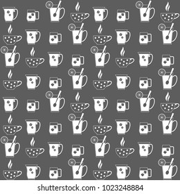 Illustration with silhouettes of different cups in  gray and white colours
