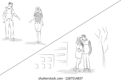Illustration with silhouettes of man and woman in white and black color.