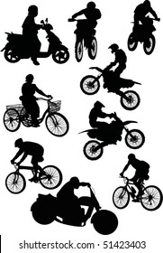 illustration with silhouettes of men on motorcycle and bicycle isolated on white