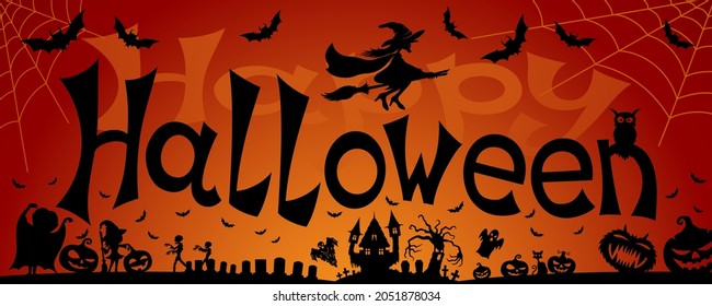 Illustration with silhouettes on red background for Halloween celebration.