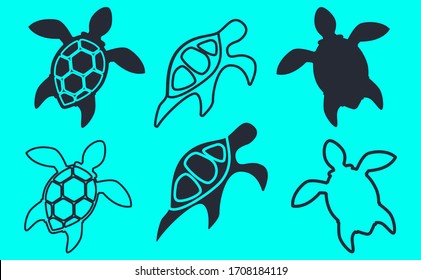 illustration with silhouettes and outlines of sea turtles on a turquoise background. Modern abstract design