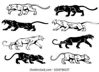 Illustration of silhouettes of a panther in profile. Vector set.