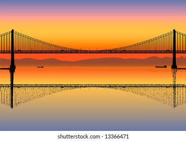 Illustration of the silhouettes and reflection of bridge and ships over sunrise background