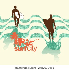 Ilustración de siluetas de surfistas en un paseo marítimo en Río de Janeiro, Brasil.