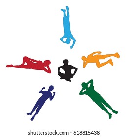 Illustration with silhouettes of teenagers, arranged in a circle, with a silhouette sitting in the center of a teenager, different poses, different colors, isolated on white background