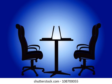 illustration silhouettes two chairs and table with computer