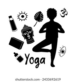 Illustration of silhouettes of yoga elements with a man