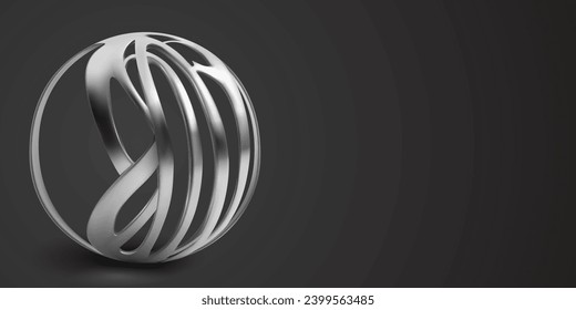 Illustration with silver abstract object made of interlaced thin plates, curved and intertwined in the shape of a sphere, with shadows on a dark background
