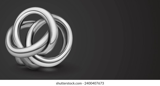 Illustration with silver abstract object made of interlaced tubes, curved and intertwined in the shape of a sphere, with shadows on a dark background