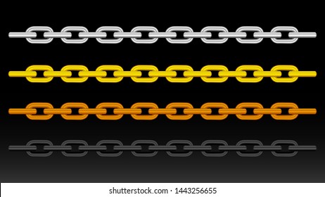 illustration silver chain, gold chain, copper metal chain and black steel chains isolated on black background