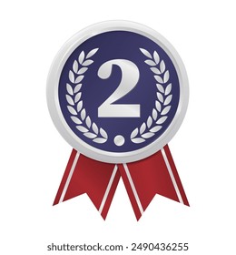 Illustration of silver medal with red ribbons. The second place. Competitions Concept