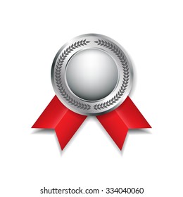 Illustration Of Silver Medal With Red Ribbons. Vector Design Element