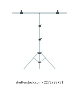 Illustration of a silver metal tripod stand for a paper background, backdrop. Professional photography equipment for studio. Production process. Vector illustration isolated on white background