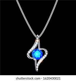 Illustration of a silver pendant on a chain with a precious stone