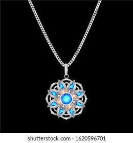 Illustration of a silver pendant on a chain with a precious stone