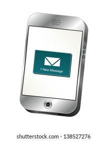 Illustration of a silver smart phone displaying a new message alert. Eps 10 Vector.