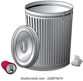 An Illustration of a silver Trash can and trash
