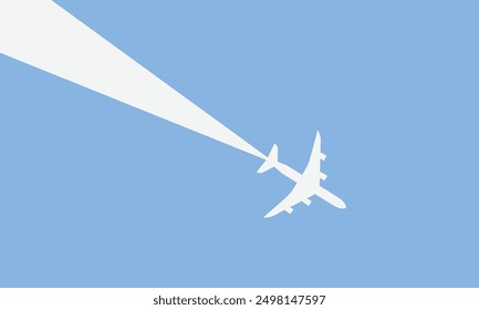 Illustration of simple airplane travel opens the background behind itself. Banner for a trip abroad on vacation. Copy space and negative space.