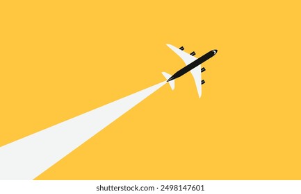 Illustration of simple airplane travel opens the background behind itself. Banner for a trip abroad on vacation. Copy space and negative space.