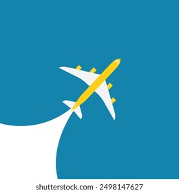 Illustration of simple airplane travel opens the background behind itself. Banner for a trip abroad on vacation. Copy space and negative space.