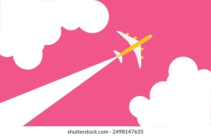 Illustration of simple airplane travel opens the background behind itself. Banner for a trip abroad on vacation. Copy space and negative space.