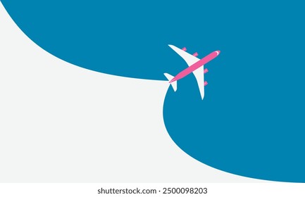 Illustration of simple airplane travel opens the background behind itself. Banner for a trip abroad on vacation. Copy space and negative space.