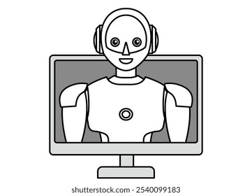 Ilustração de um robô androide simples saindo de um PC (monocromático)