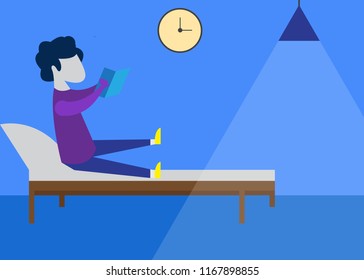 illustration or simple background, a man is reading a book on his bed at night