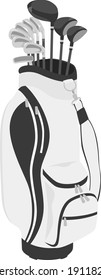 Illustration of a simple black and white caddy bag with a golf club set.