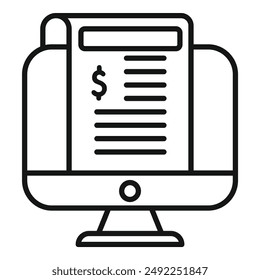 Illustration of a simple black and white online financial report icon on a computer screen for internet banking and digital finance management.Vector iconography symbol for business technology and ele