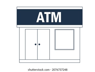 Illustration of a simple building of a bank, ATM (automated teller machine). Line drawing