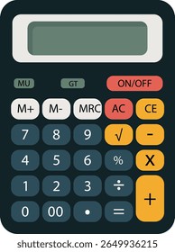Illustration of a simple calculator with basic functions, featuring a dark color scheme and rounded buttons. Includes numerical keypad, arithmetic operations, and memory functions.