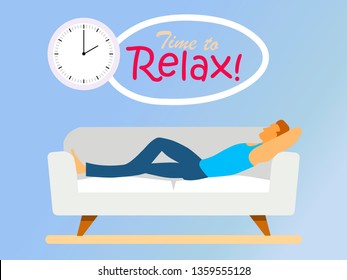 illustration of simple cartoon of a man taking a nap on sofa. Laying, relaxing, recharge, resting theme.