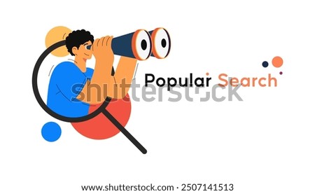 Illustration of a simple character using binoculars with the concept of popular searches on online websites, trending topics. Trending Keywords in Search. someone is looking for a trending topic