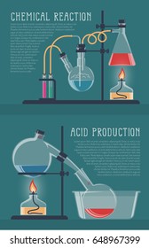 Illustration of simple chemical reactions in glass laboratory flasks. Vector image.