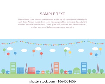 Ilustración de un simple paisaje urbano.
Se puede utilizar para publicidad y tarjetas.
Diseño que puede colocar texto y diseño en la mitad superior.