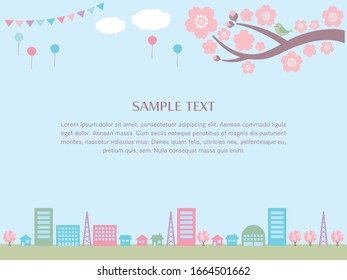 Illustration of a simple cityscape and cherry blossoms.
Can be used for advertising and cards.
A layout that allows you to put text and designs in the sky.