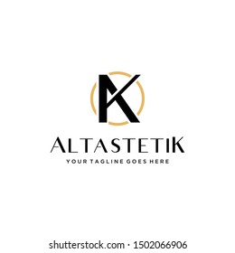 Illustration of simple clean modern KA or AK sign inside a circle logo design