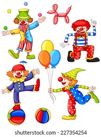 Illustration of a simple coloured drawing of the four clowns on a white background 